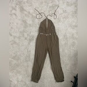 EARTHBOUND Brown Halter Jumpsuit with Shell Details